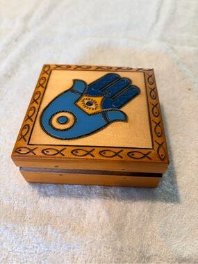 Handmade Blue Hamsa Decorative Wooden Box - Home Accents Decor